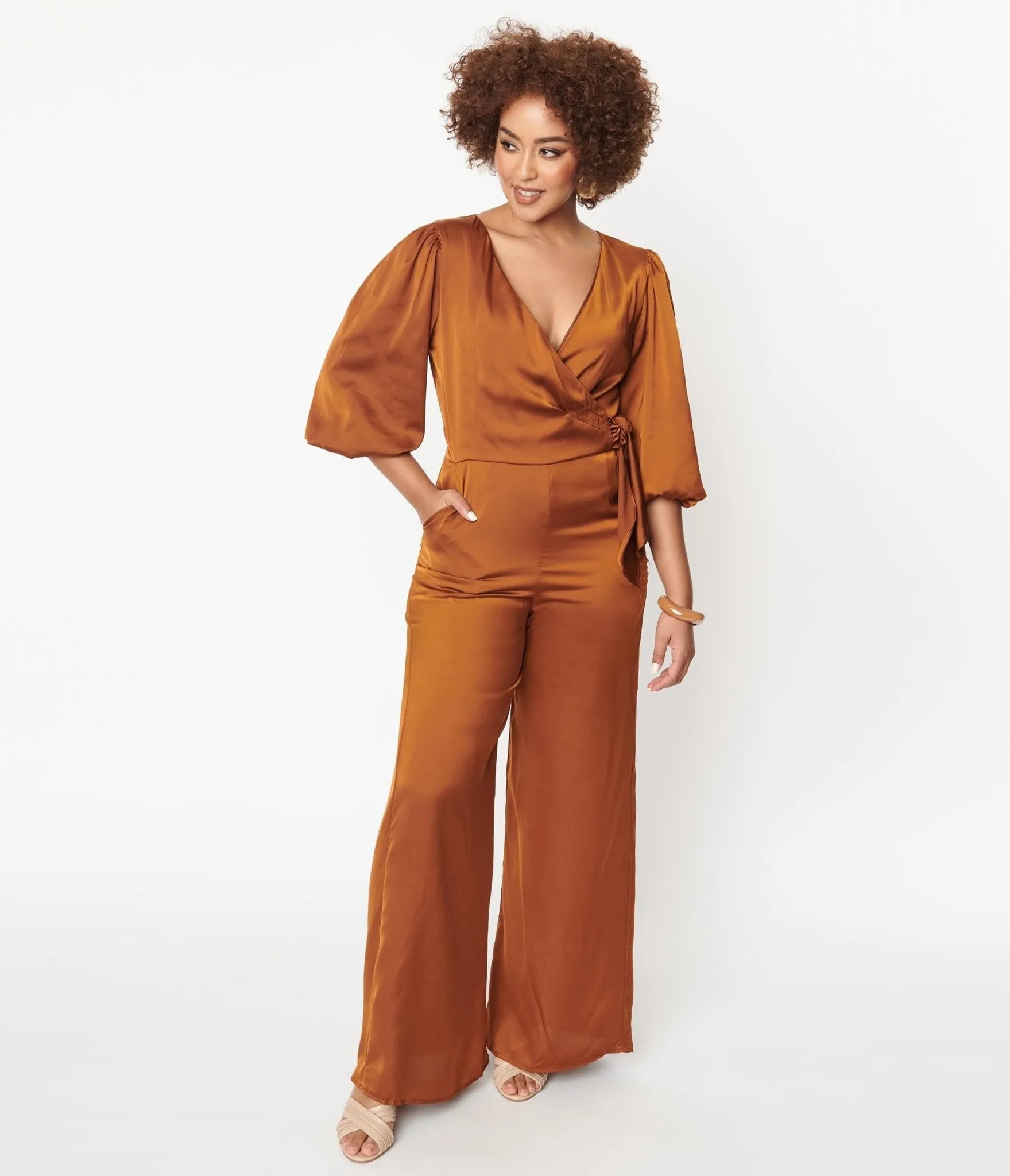 1970s Copper Satin Bow Jumpsuit