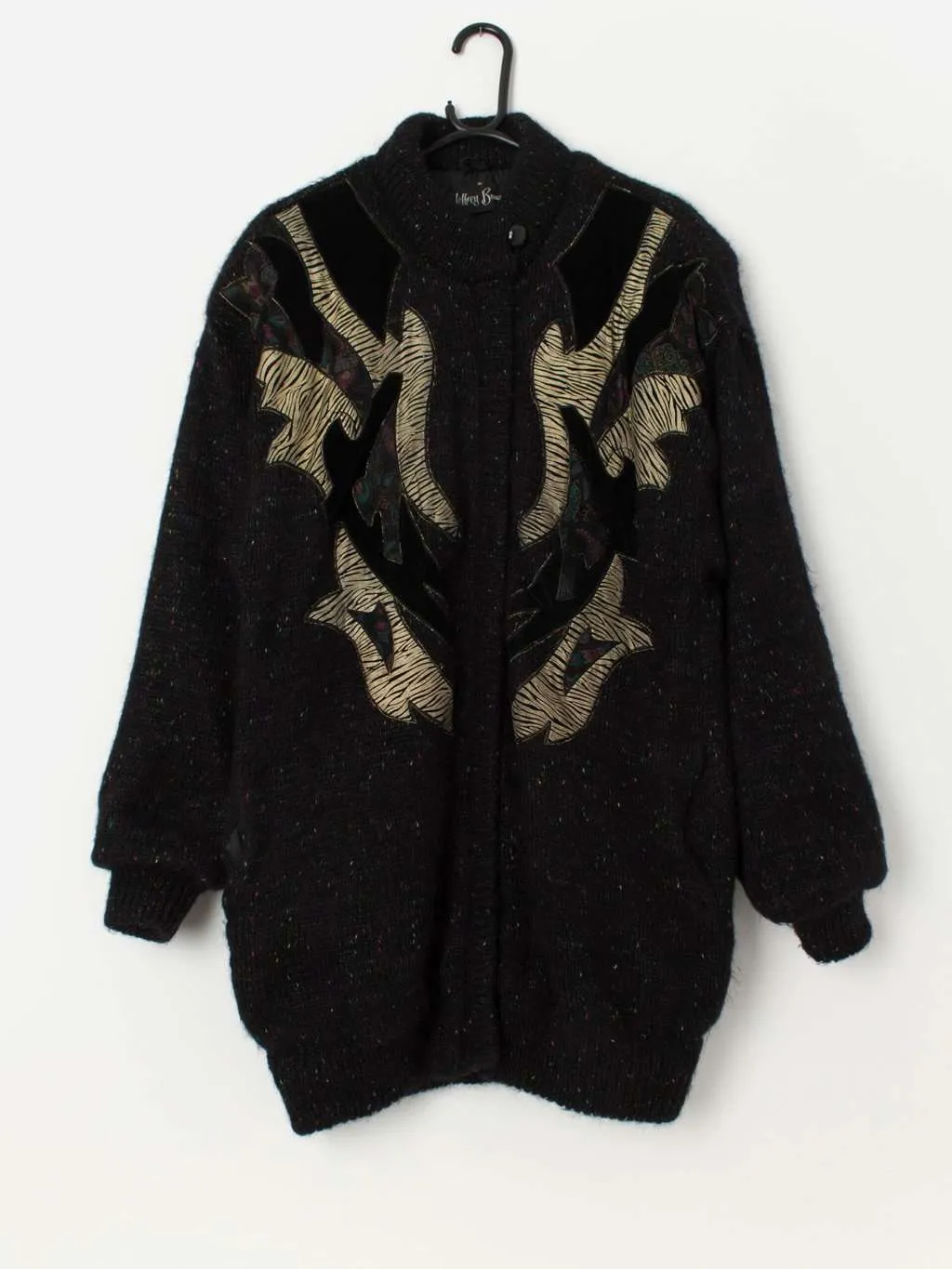 80s vintage black cardigan with gold zebra appliqué – Large