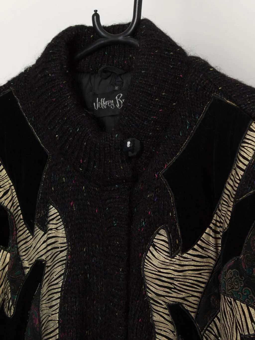 80s vintage black cardigan with gold zebra appliqué – Large