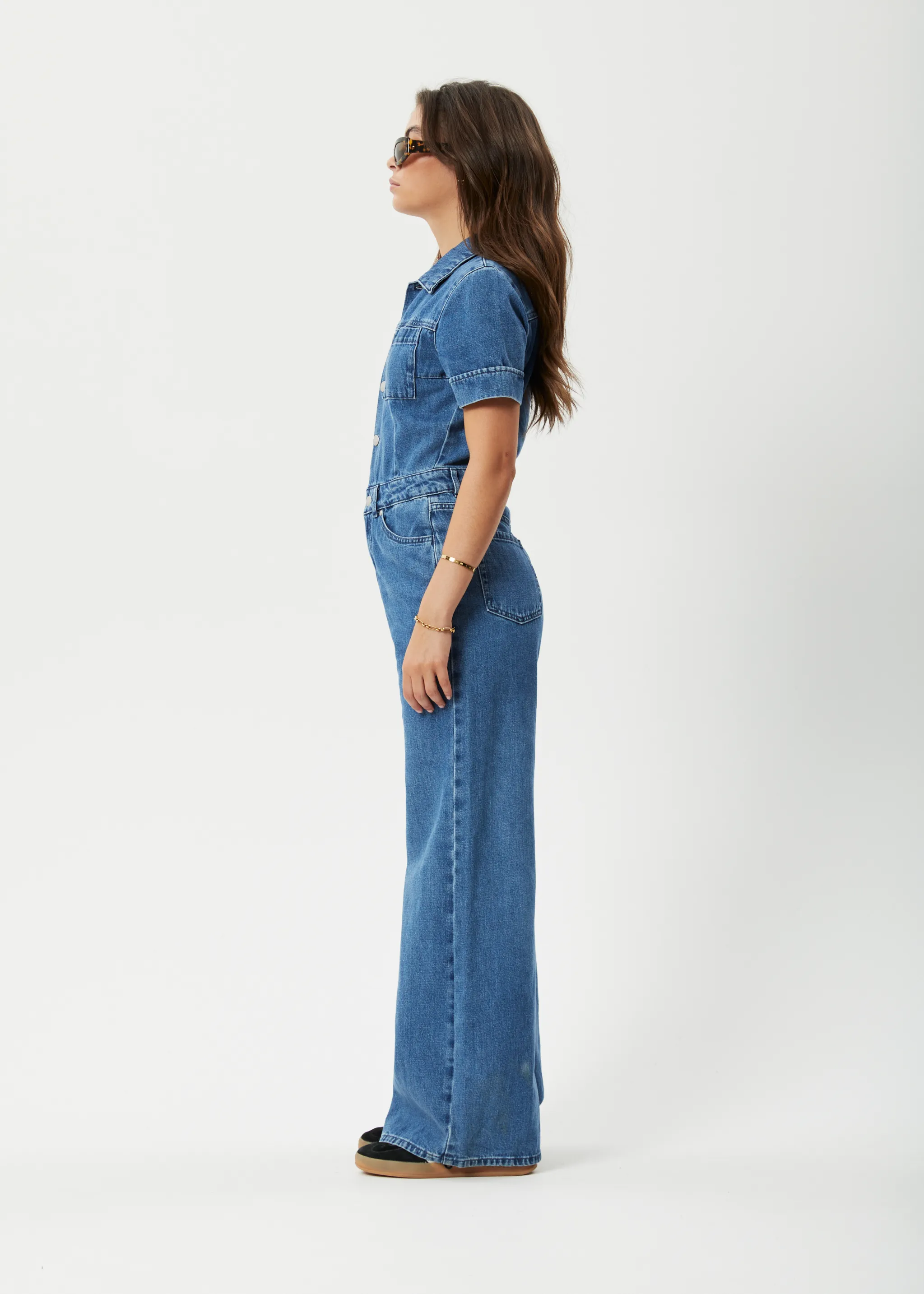 AFENDS Womens Miami - Denim Flared Jumpsuit - Authentic Blue