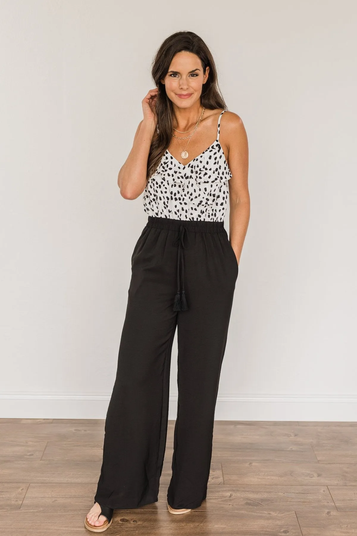 Alluring Elegance Spotted Jumpsuit- Black & Ivory