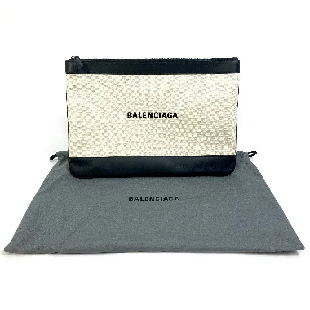 BALENCIAGA Clutch bag 420407 Canvas, Leather Ivory logo Navy clip M unisex(Unisex)