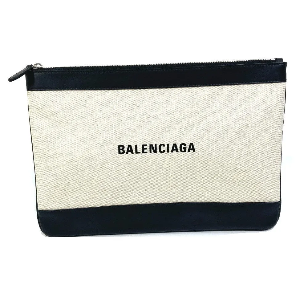 BALENCIAGA Clutch bag 420407 Canvas, Leather Ivory logo Navy clip M unisex(Unisex)