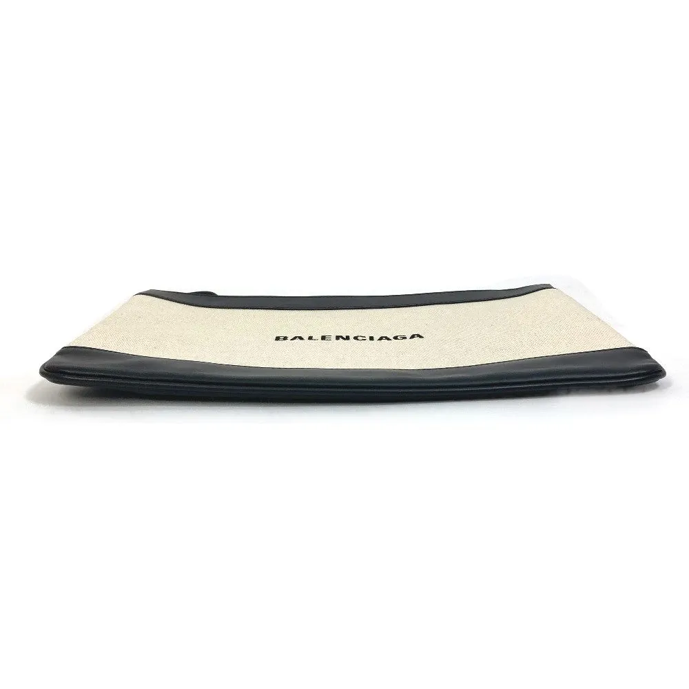 BALENCIAGA Clutch bag 420407 Canvas, Leather Ivory logo Navy clip M unisex(Unisex)