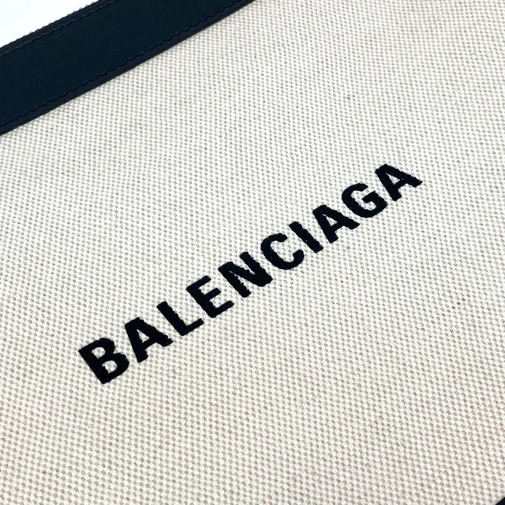 BALENCIAGA Clutch bag 420407 Canvas, Leather Ivory logo Navy clip M unisex(Unisex)