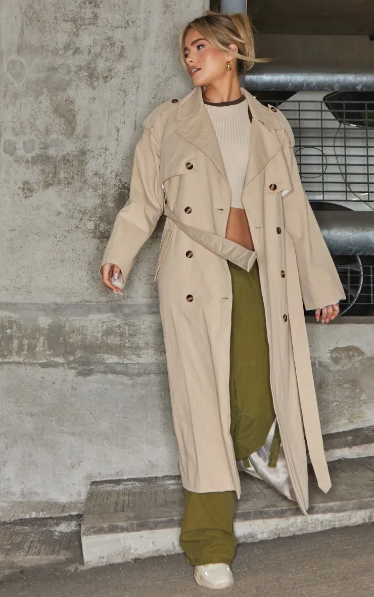 Beige Belted Double Breasted Trench Coat