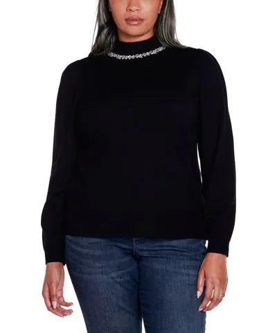 Belldini Plus Size Embellished Mock Neck Puff-Sleeve Sweater