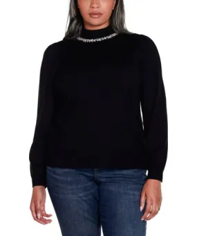 Belldini Plus Size Embellished Mock Neck Puff-Sleeve Sweater