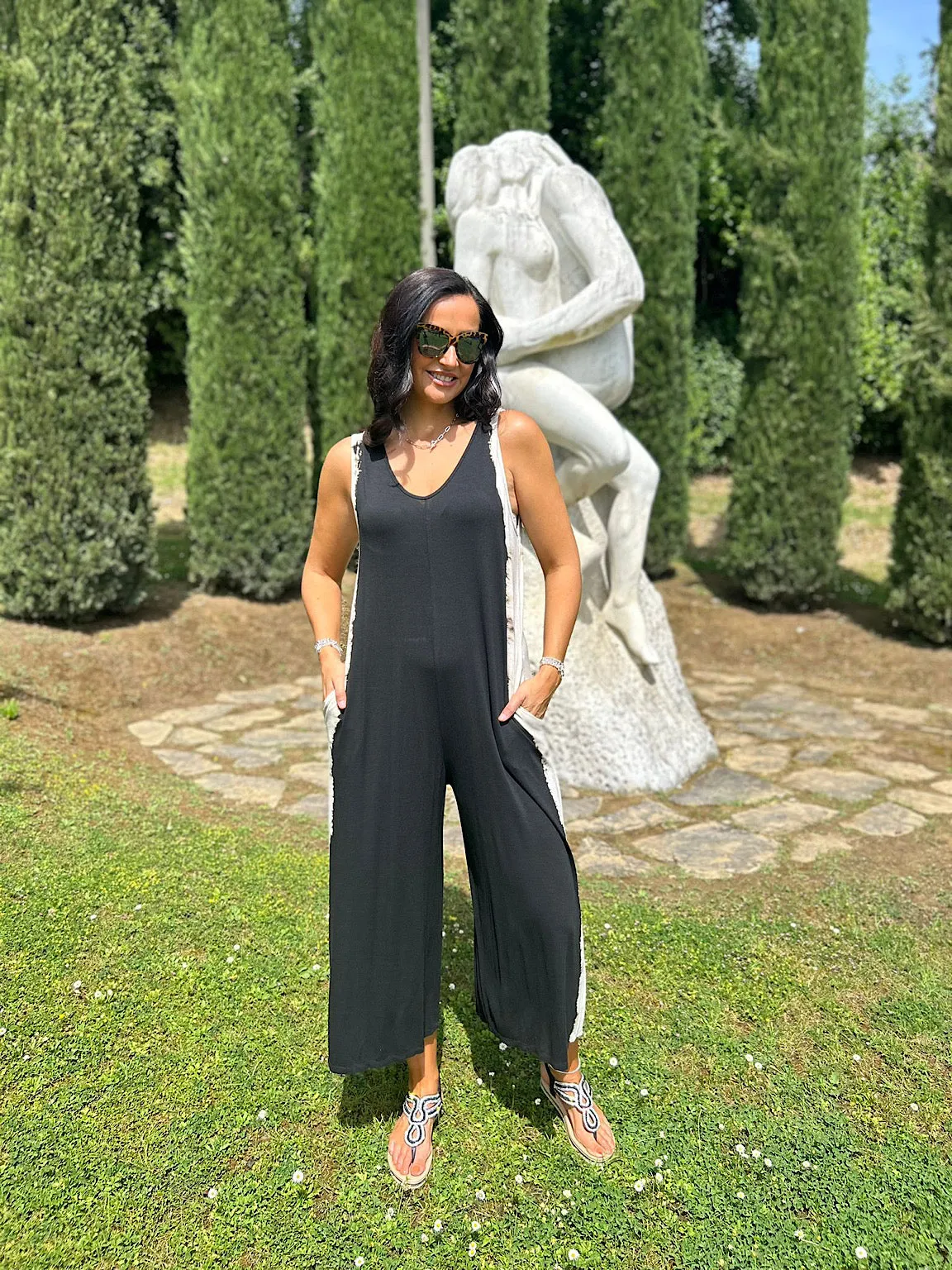 Black Side Detail Print Jumpsuit Jenna