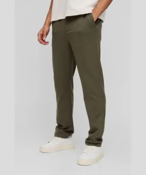 boohooMAN Mens Half Elastic Waistband Stretch Straight Tailored Pants in Khaki