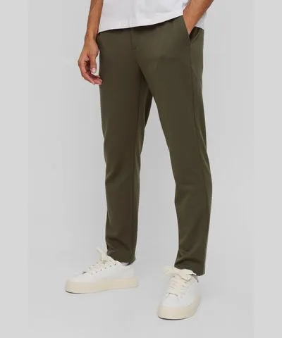 boohooMAN Mens Half Elastic Waistband Stretch Tapered Tailored Pants in Khaki