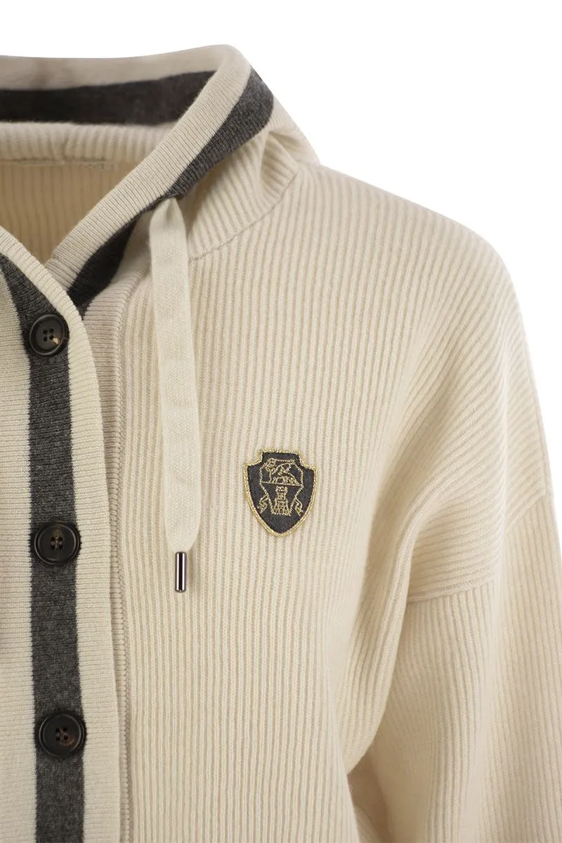 ENGLISH RIB CASHMERE CARDIGAN WITH LOGO