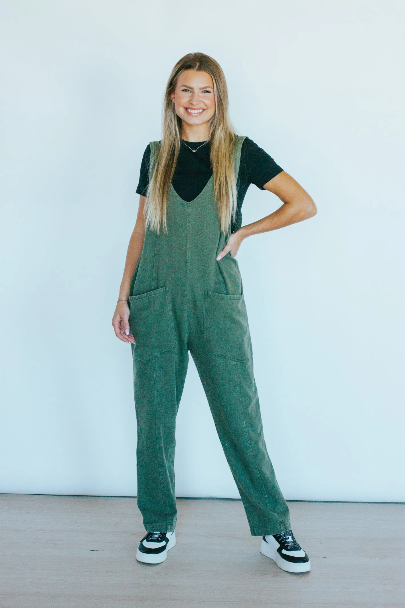 Fall Moments Olive Washed Denim Jumpsuit