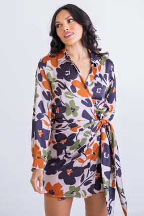 Floral Satin Wrap Dress