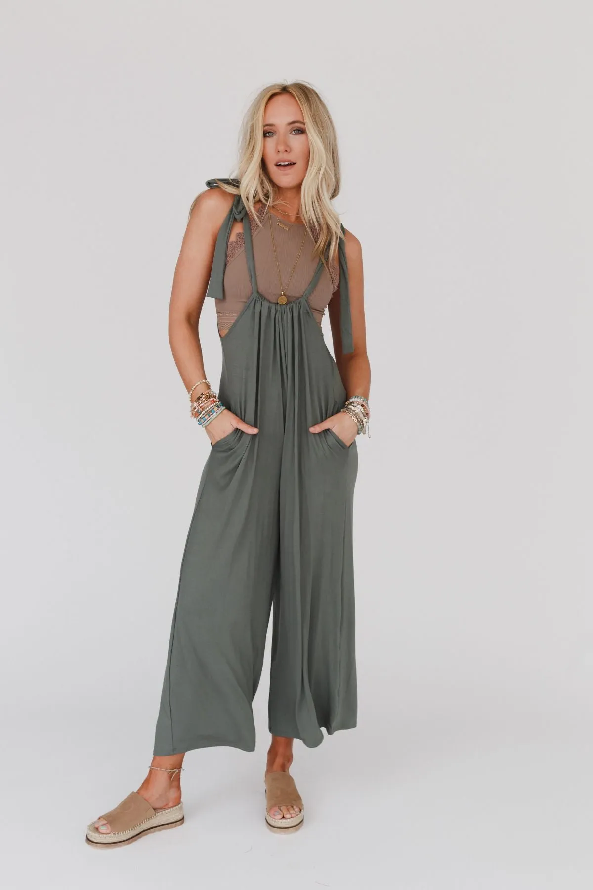 Forever Relaxed Gathered Jumpsuit - Light Olive