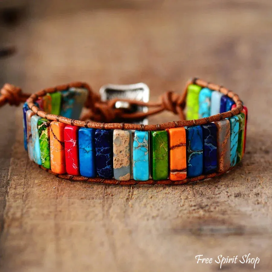 Handmade Rainbow Jasper Leather Wrap Bracelet