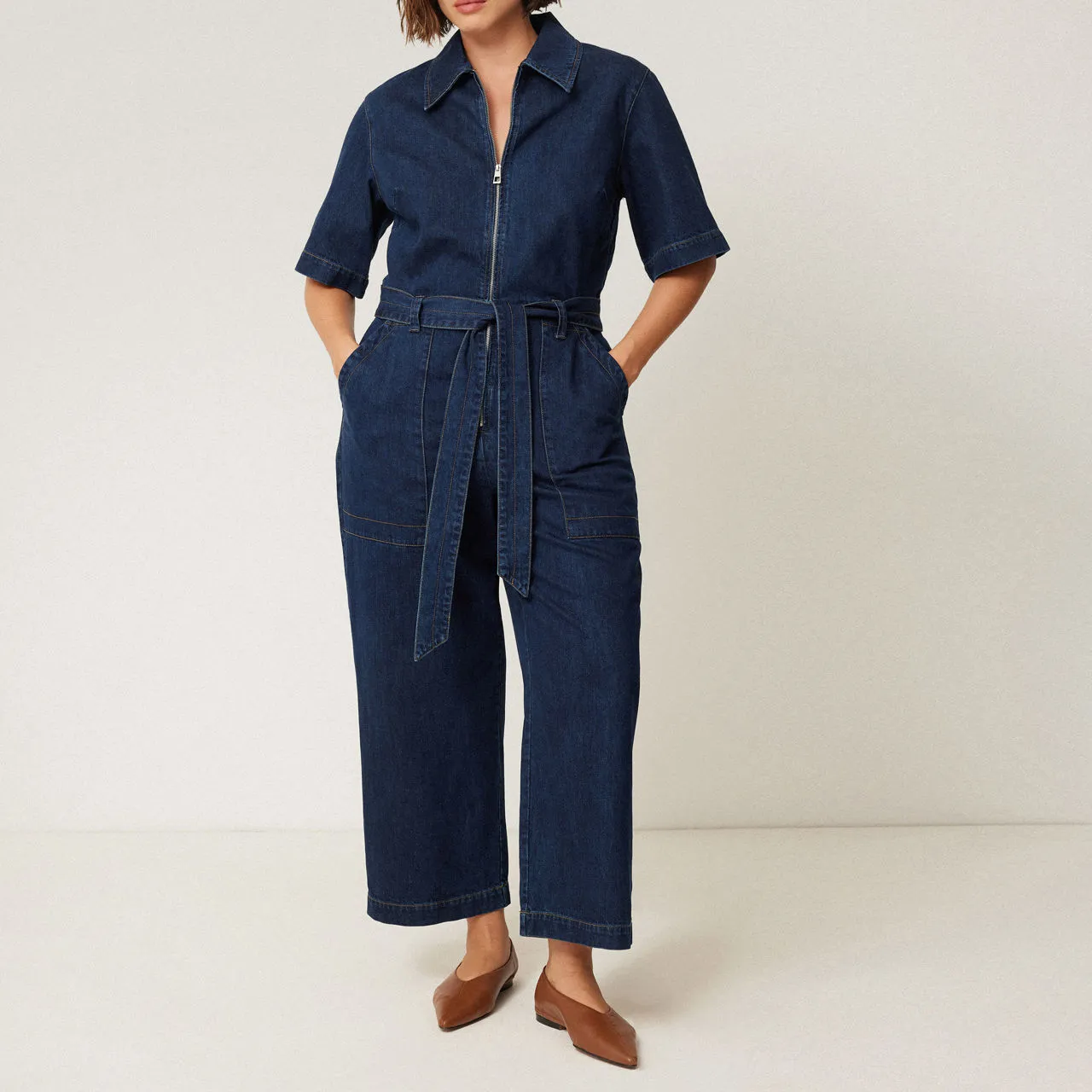 JIGSAW Belted Cropped Denim Jumpsuit - Blue