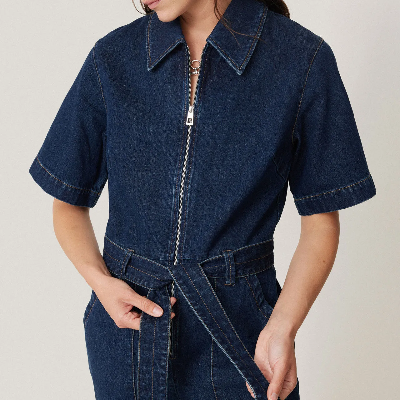 JIGSAW Belted Cropped Denim Jumpsuit - Blue