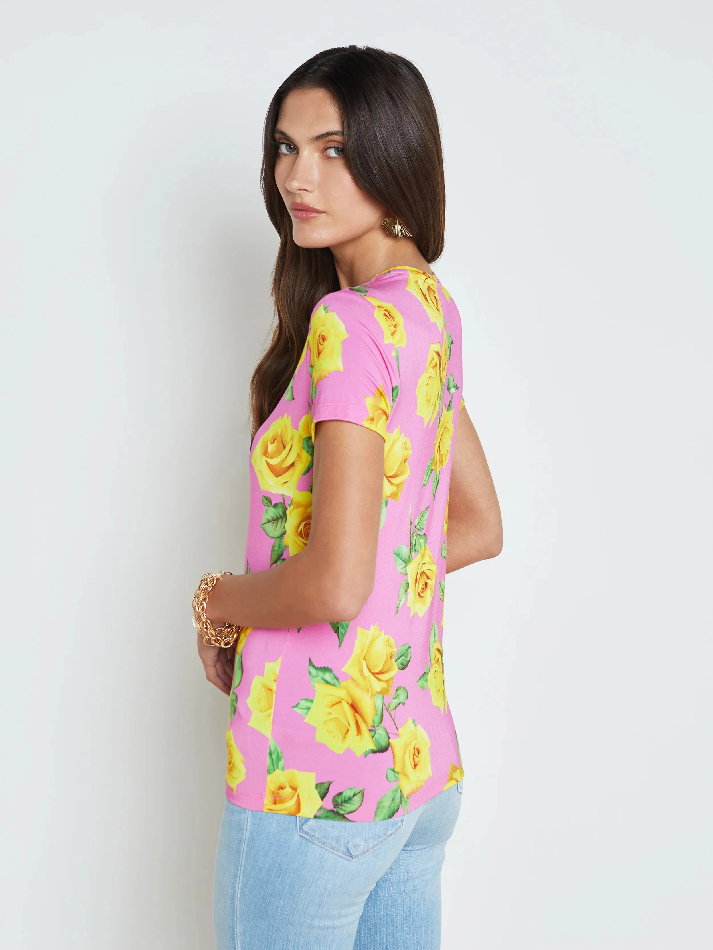 L’agence - Ressi S/S Fitted Tee - Shocking Pink/Yellow Roses