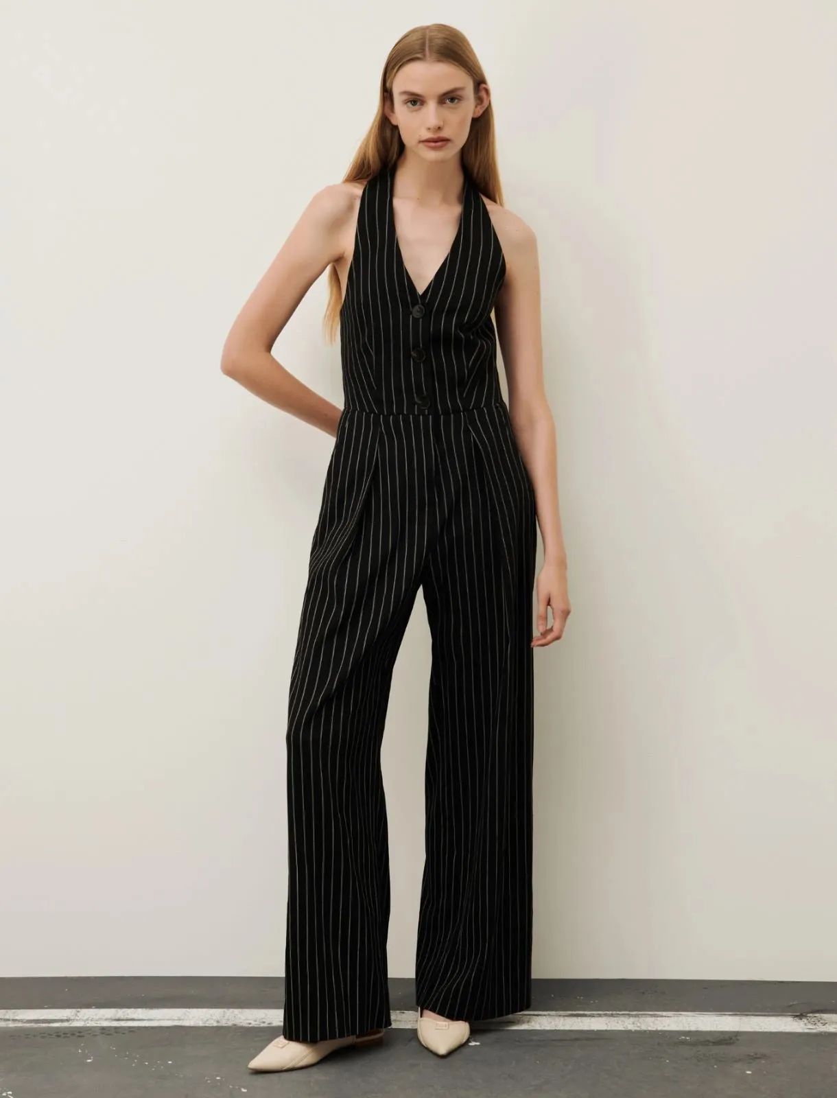 Marella Amanda Pinstripe Halter Jumpsuit in Black