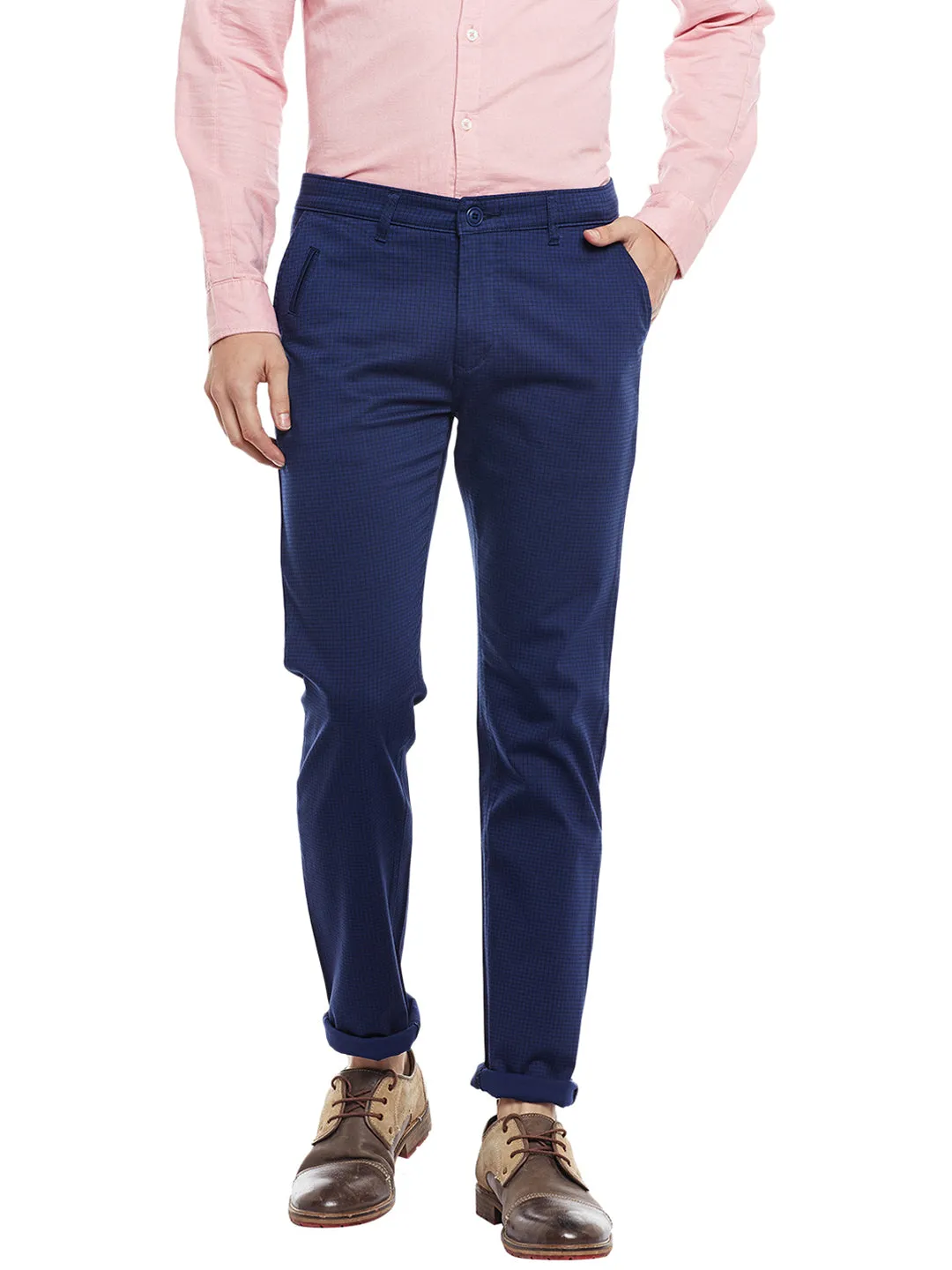 Men Navy Checked Cotton Stretch Slim Fit Casual Chinos Trouser