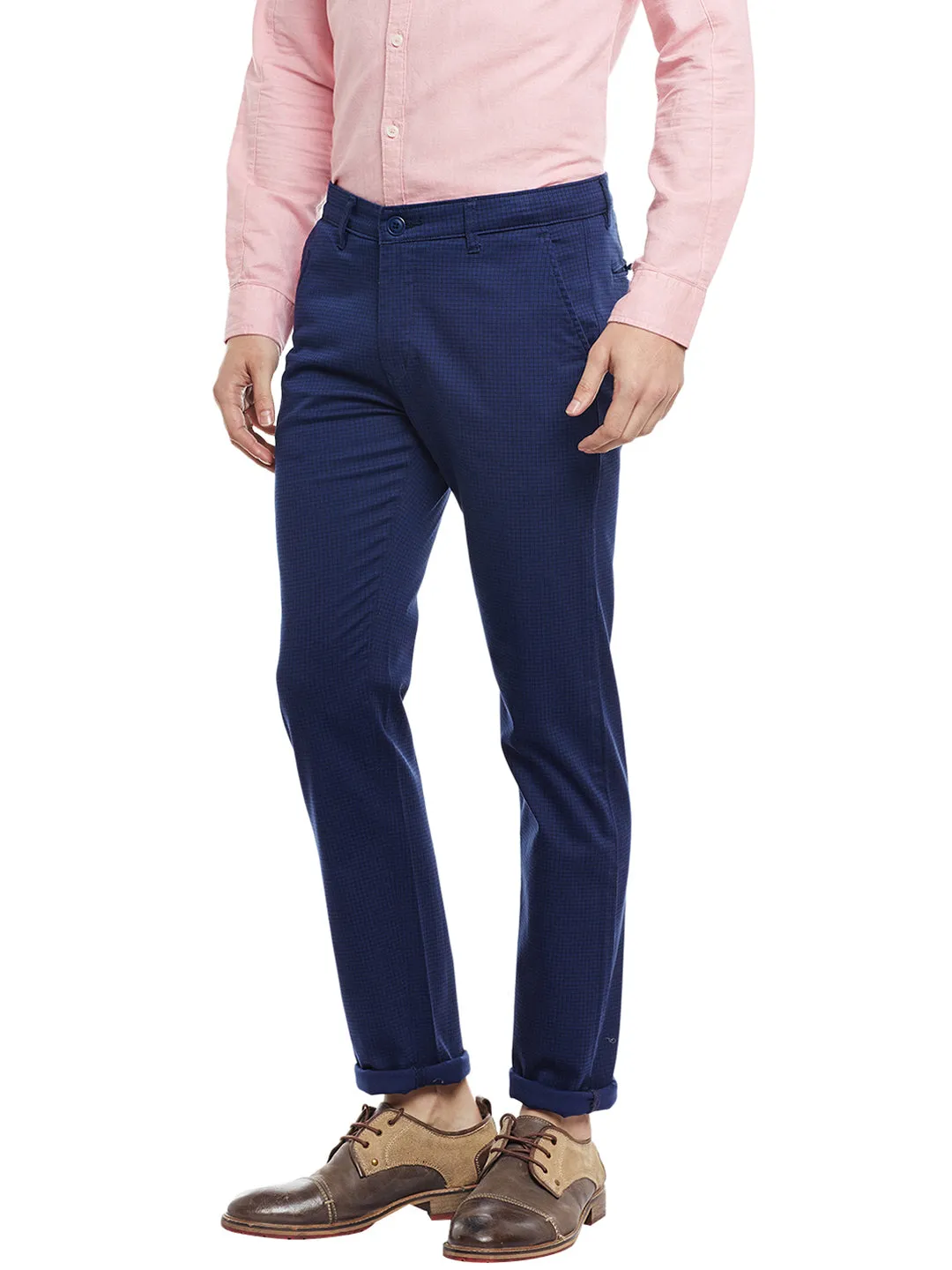 Men Navy Checked Cotton Stretch Slim Fit Casual Chinos Trouser