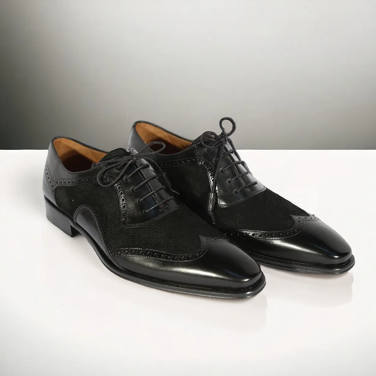 Mezlan 20528 Men's Shoes Black Suede / Calf-Skin Leather Wingtip Oxfords (MZS3555)