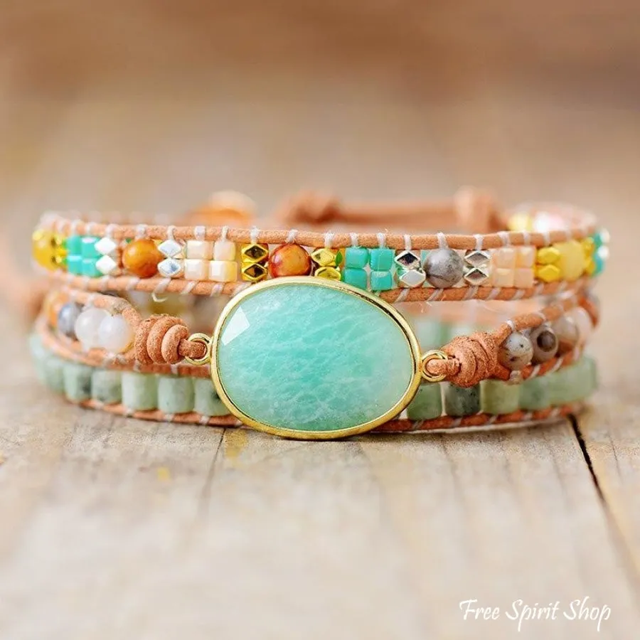 Natural Amazonite & Agate Gemstone Wrap Bracelet