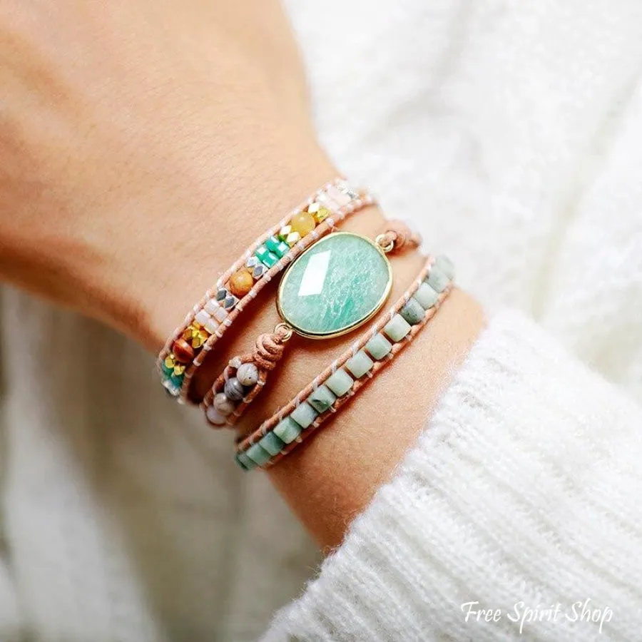 Natural Amazonite & Agate Gemstone Wrap Bracelet