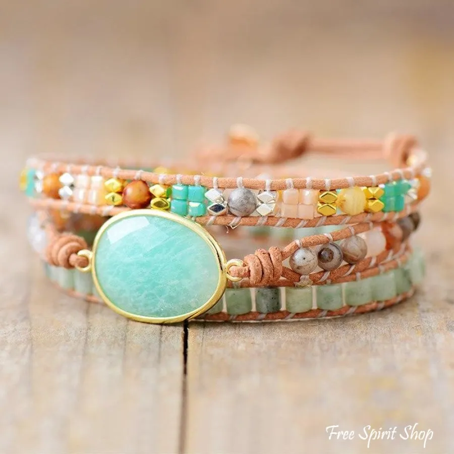 Natural Amazonite & Agate Gemstone Wrap Bracelet