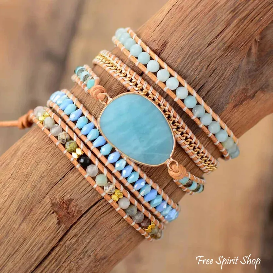 Natural Amazonite & Gold Chain Bead Wrap Bracelet