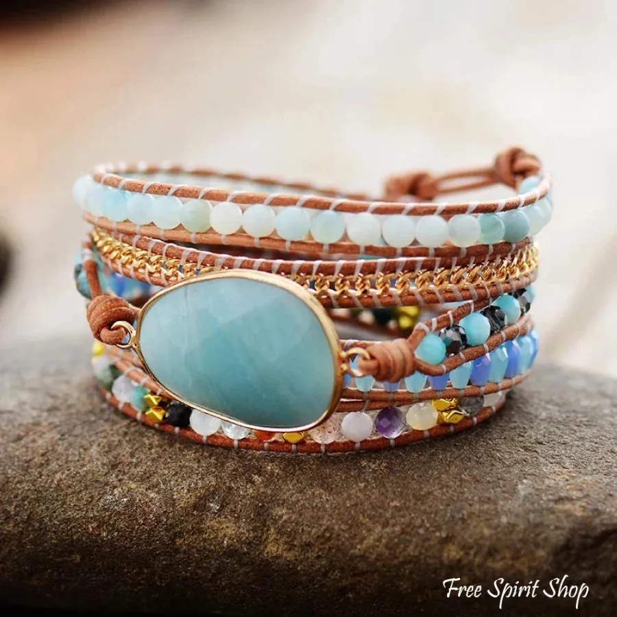 Natural Amazonite & Gold Chain Bead Wrap Bracelet