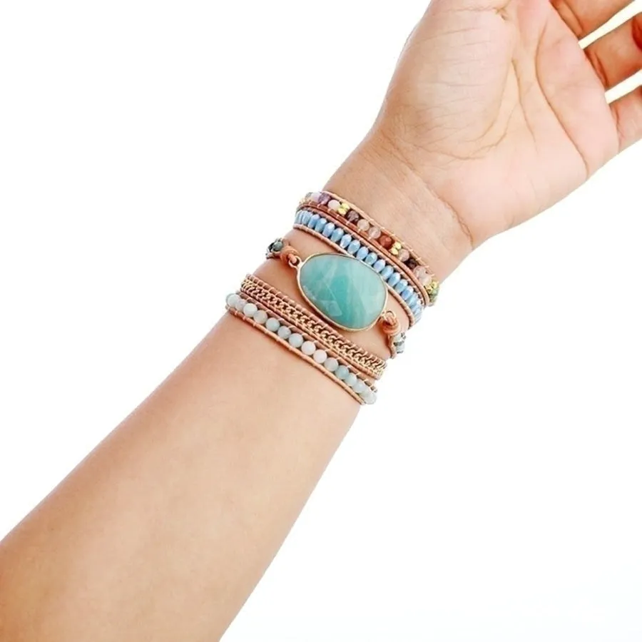 Natural Amazonite & Gold Chain Bead Wrap Bracelet