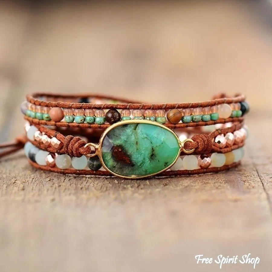 Natural Green Jade & Amazonite Wrap Bracelet