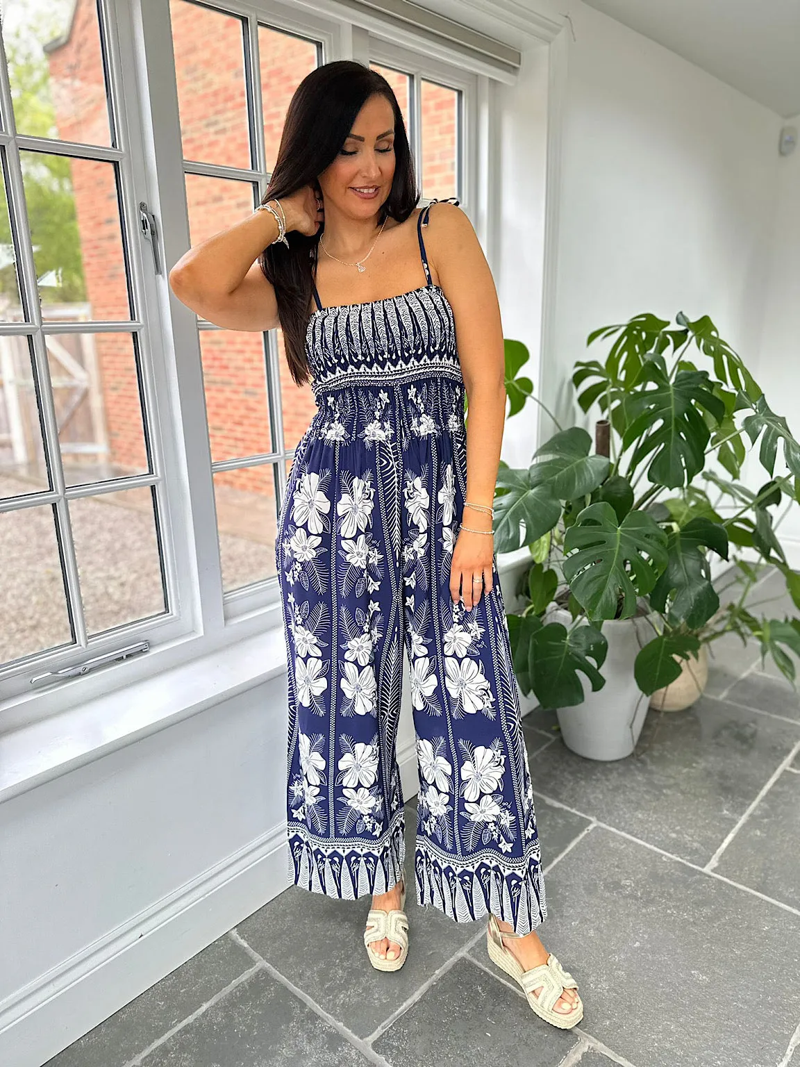 Navy Flower Print Jumpsuit