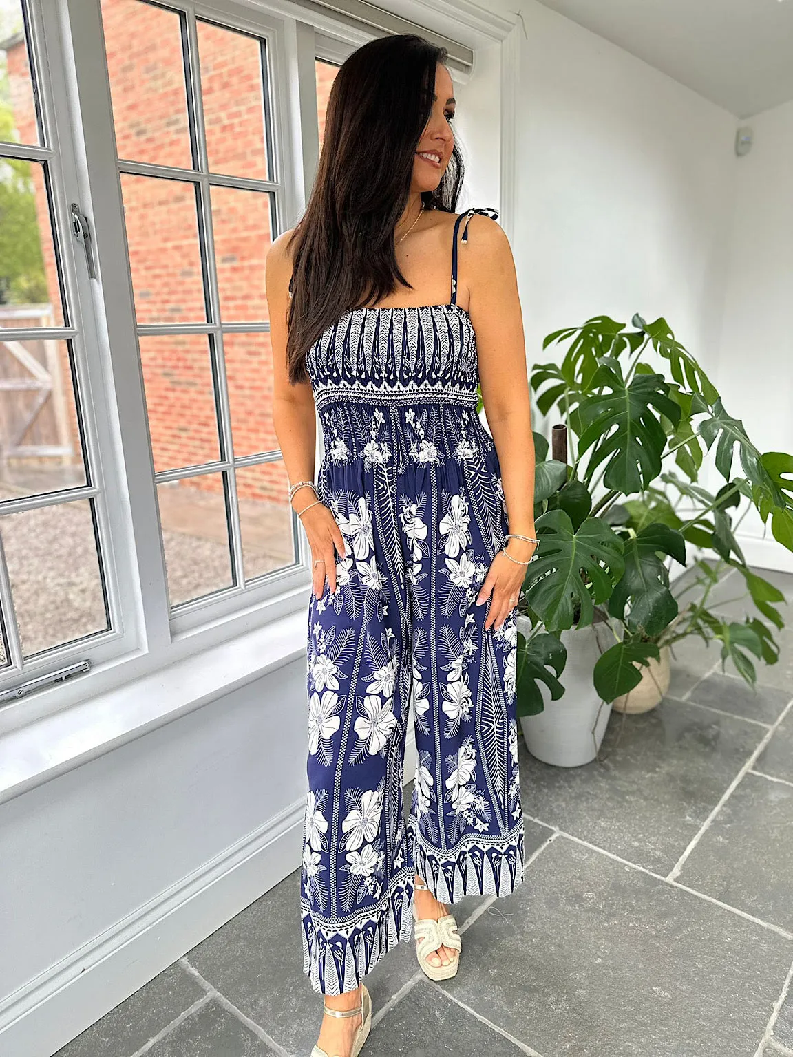 Navy Flower Print Jumpsuit