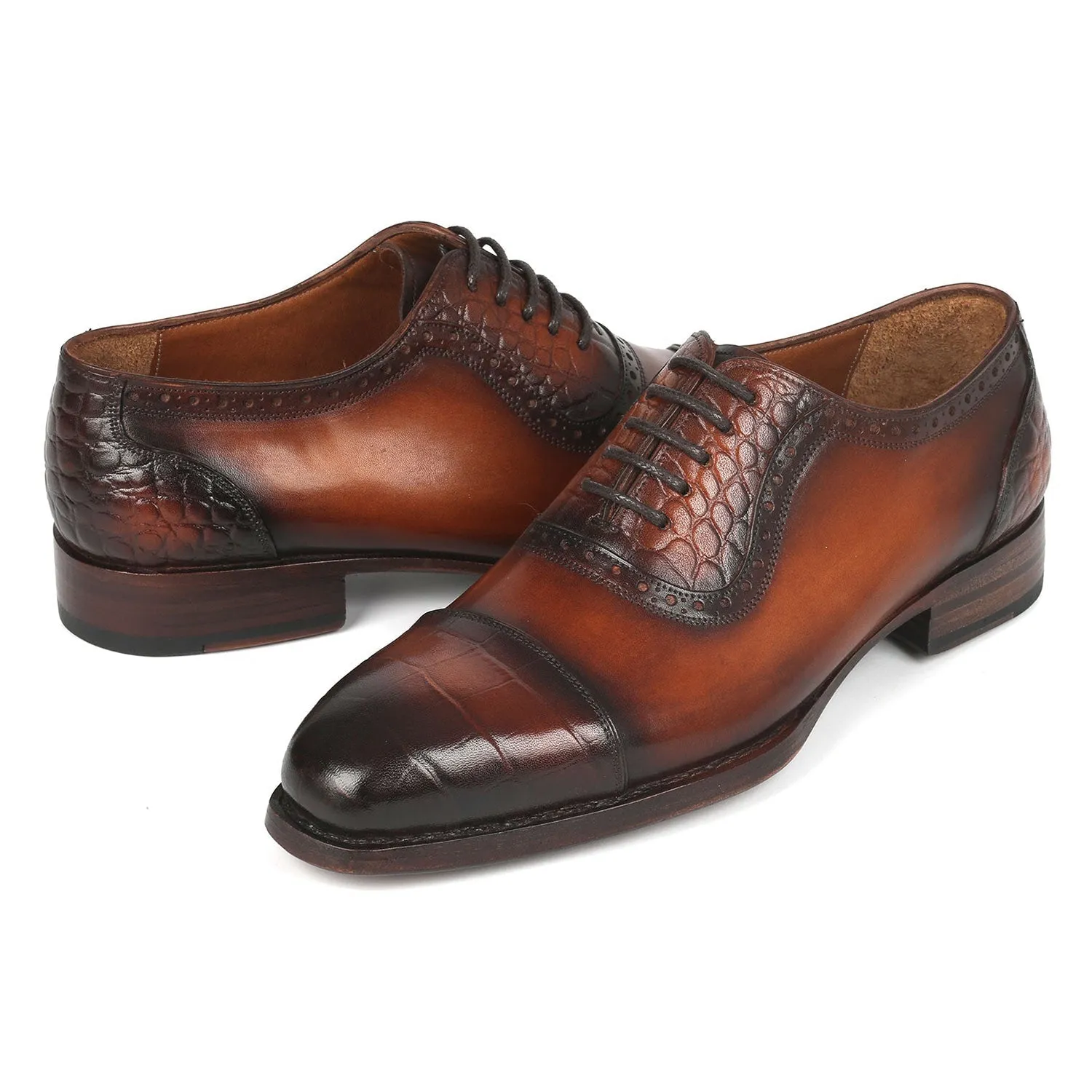 Paul Parkman 9482-BRW Men's Shoes Brown Crocodile Print / Calf-Skin Leather Dress Cap-Toe Oxfords (PM6331)