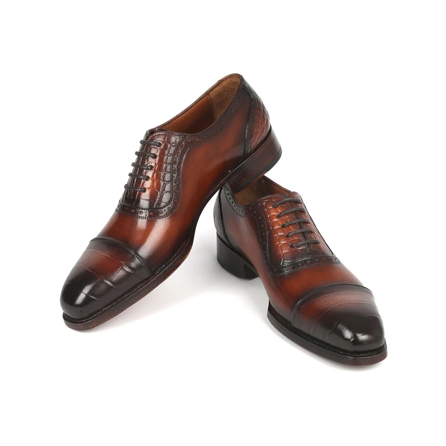 Paul Parkman 9482-BRW Men's Shoes Brown Crocodile Print / Calf-Skin Leather Dress Cap-Toe Oxfords (PM6331)