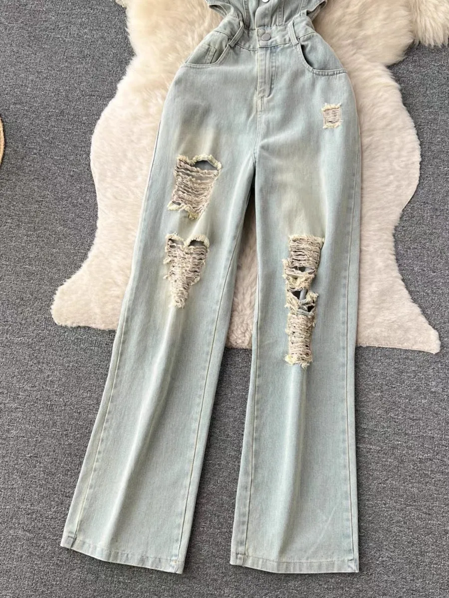 Ruhun Denim Tube Distressed Jumpsuit