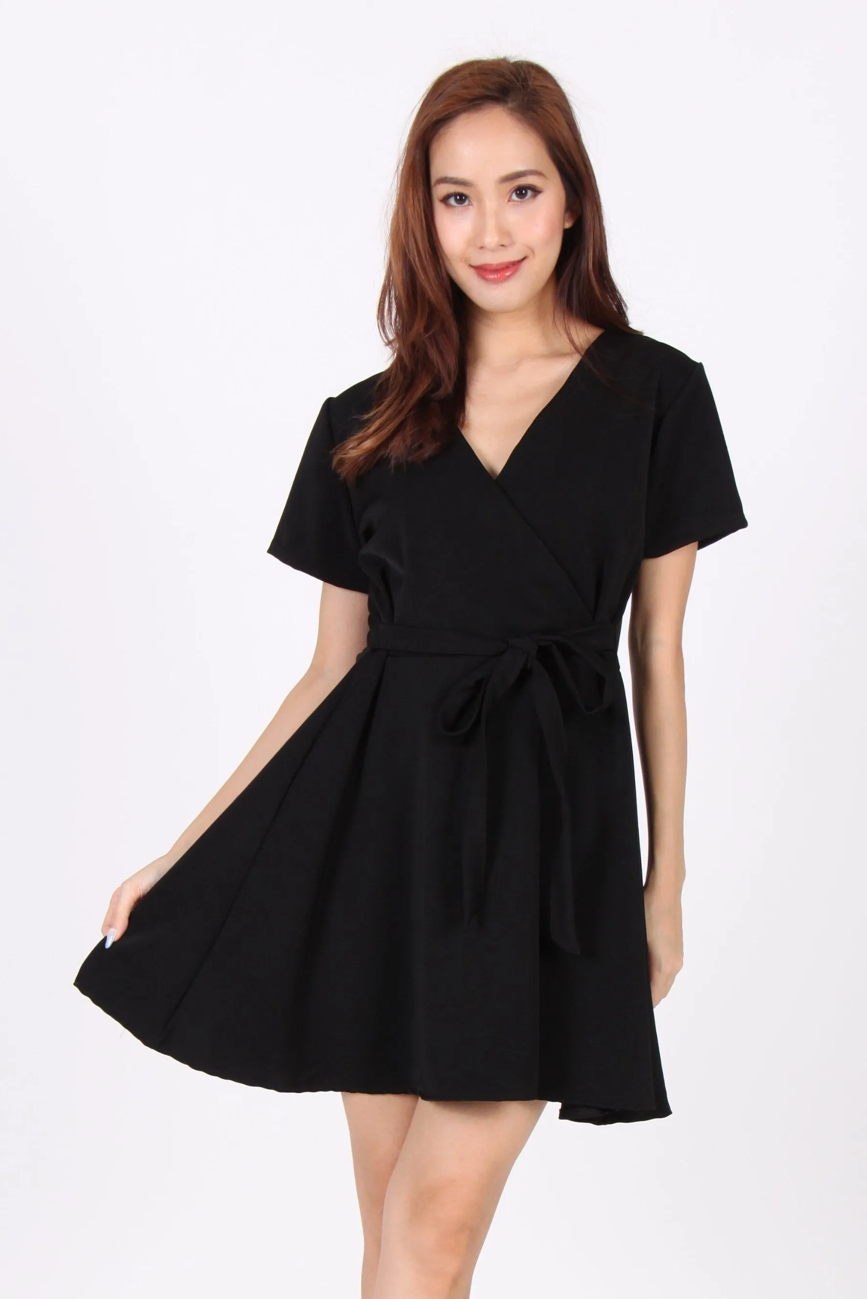 Sleeve Wrap Skater Dress in Black