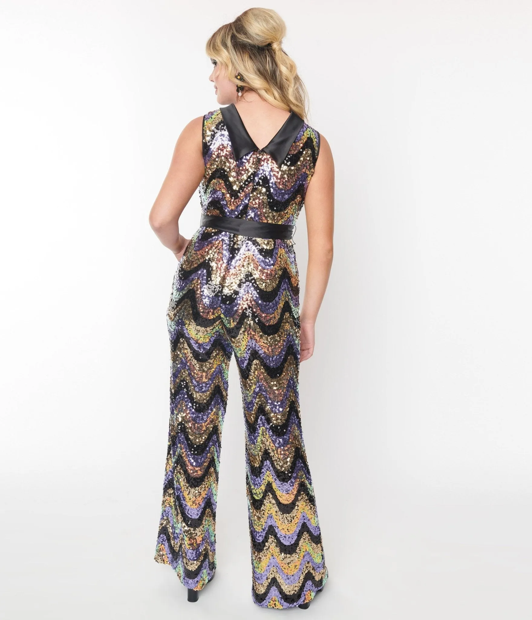 Smak Parlour Multicolor Zig Zag Sequin Cowl Neck Jumpsuit