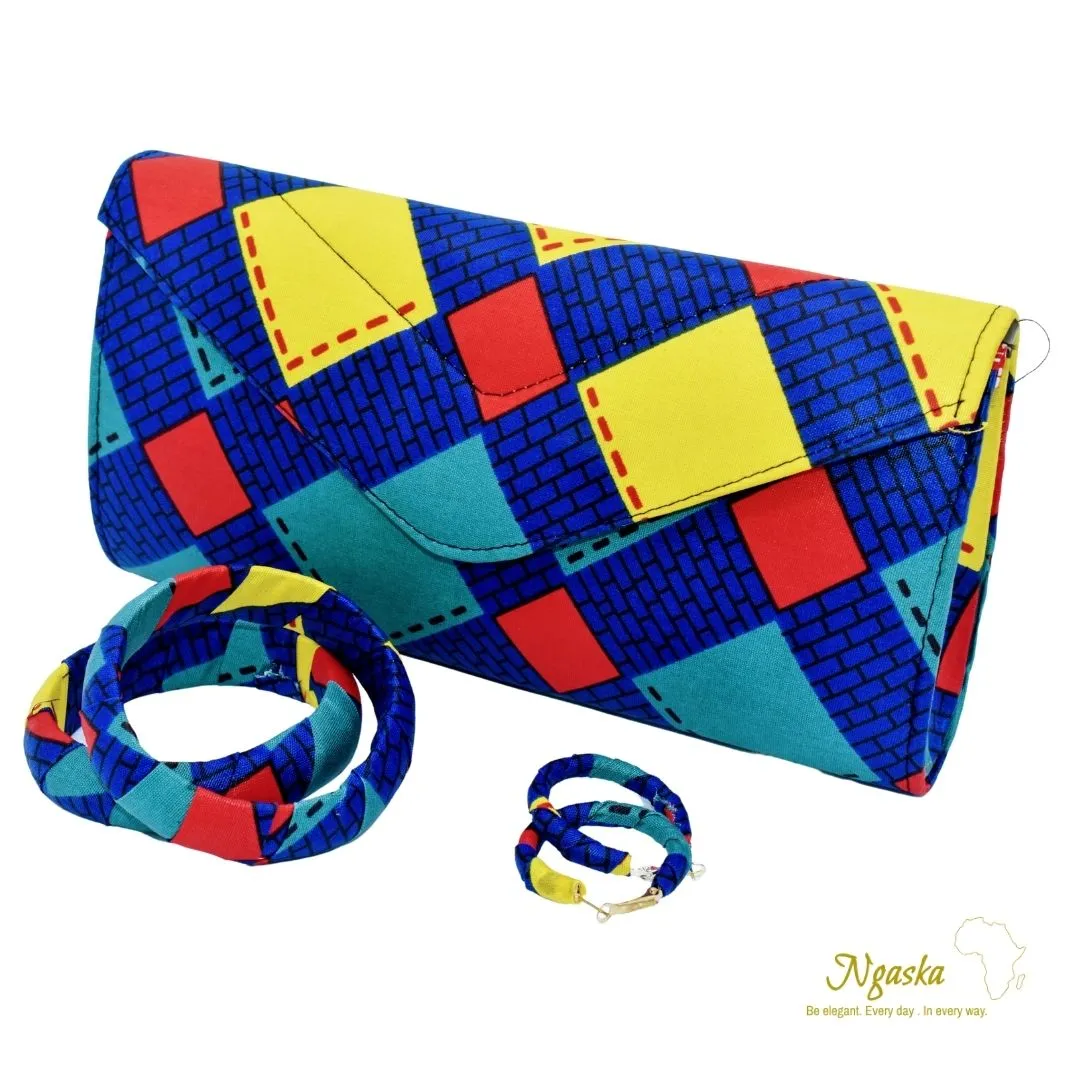 Teal and Chill, Yellow, Blue and Colorful Ankara Clutch, Earring and Bracelet Set - CEB 1