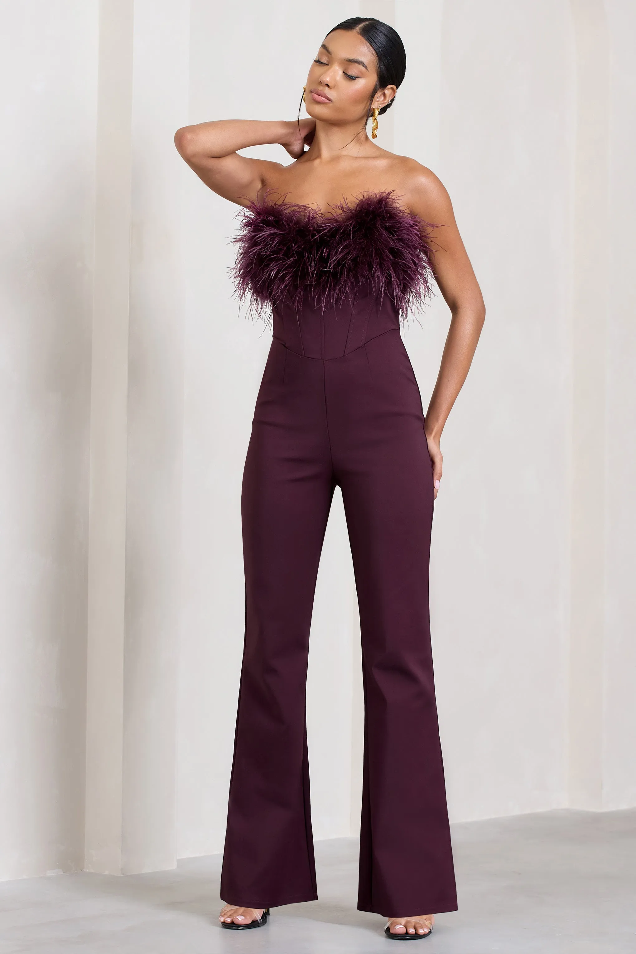 Tessa | Burgundy Shaped Neckline Corset Jumpsuit With Feather Trim Detail