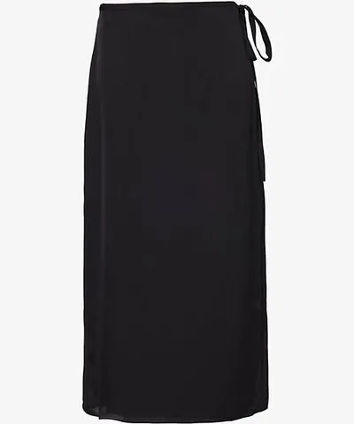 Theory Womens Black Tie Wrap silk-satin midi skirt