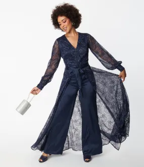 Unique Vintage Navy Sparkle Lace Jumpsuit & Skirt Overlay