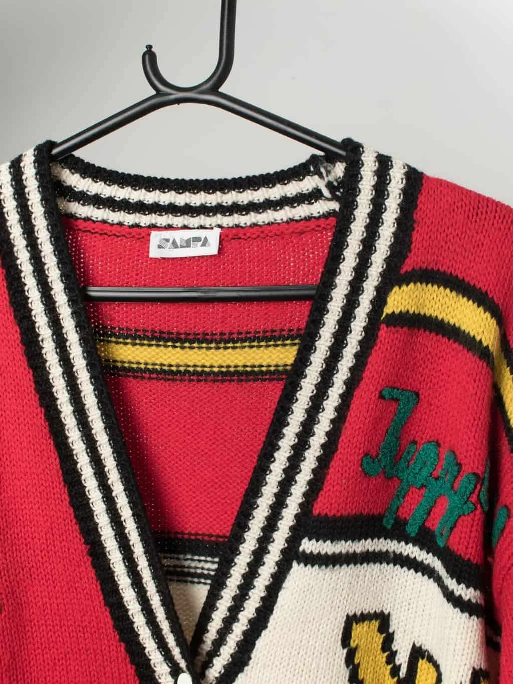 Vintage red knitted cardigan with striped design – Small / Medium