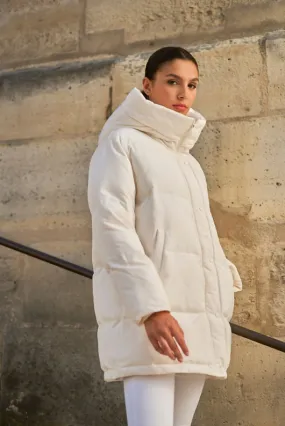 White Hooded Funnel Neck Puffer Coat