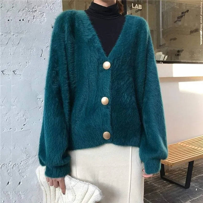 Women Single-breasted Long Sleeve V-Neck Mohair Sweater Cardigans Solid Loose Knitted Coat Outwear