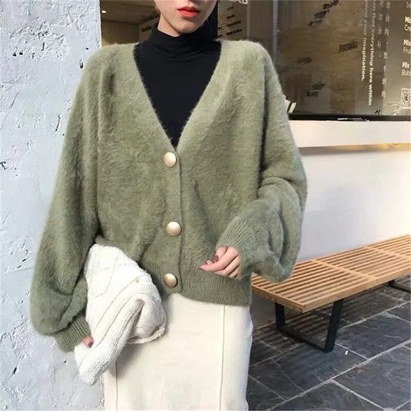 Women Single-breasted Long Sleeve V-Neck Mohair Sweater Cardigans Solid Loose Knitted Coat Outwear