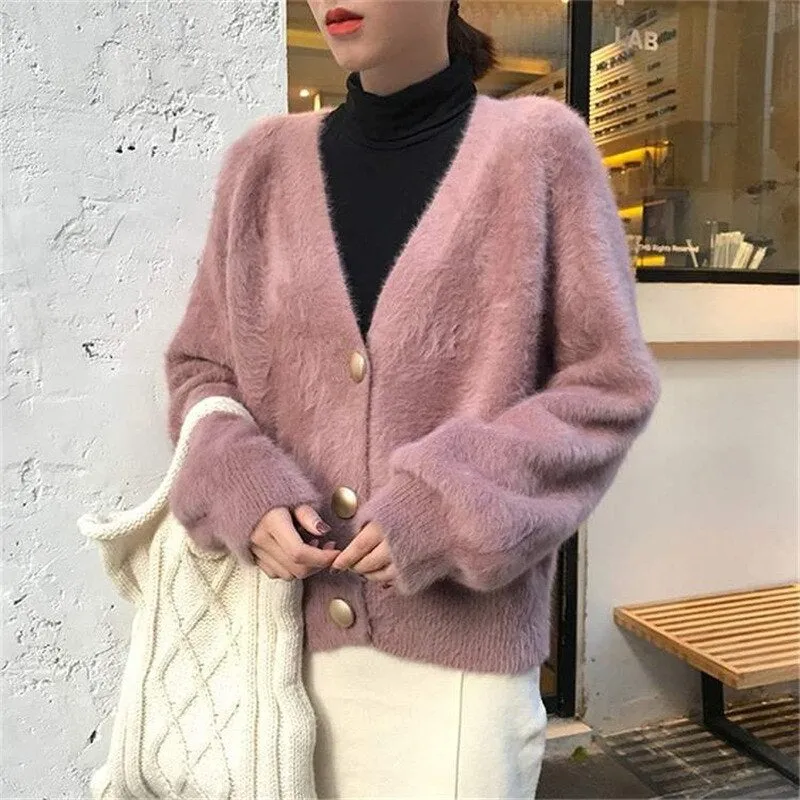 Women Single-breasted Long Sleeve V-Neck Mohair Sweater Cardigans Solid Loose Knitted Coat Outwear